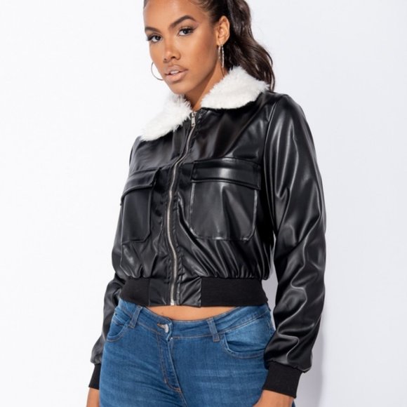 Black Vegan Faux Leather Faux Fur Collar Long Sleeve Bomber Jacket - Picture 4 of 8